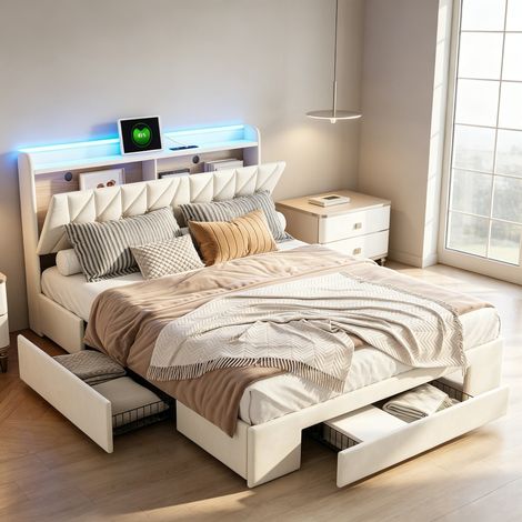 Lit 160x200 cm avec 3 tiroirs, Lit double avec sommier et rangement, Tête de lit avec ports USB et Type-C, LED réglable, Velours beige (1/5)