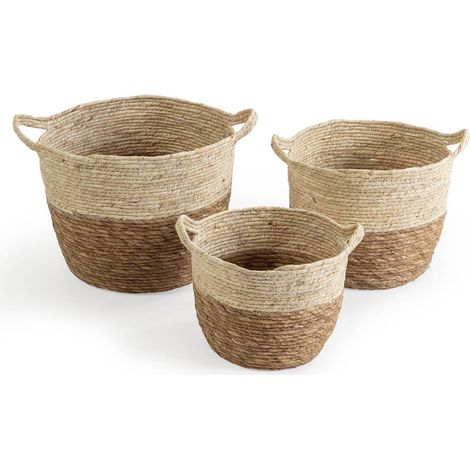Set 3 cestini porta oggetti in fibra naturale vasi decorativi con manici -Beige (1/4)