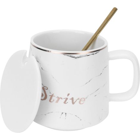 Mug en céramique à motif marbre, avec cuillère et couvercle, idéal pour la maison, les voyages, le bureau et les activités de plein air (blanc). (1/5)