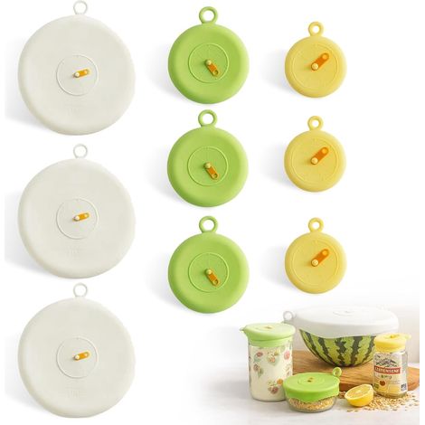 Juego de 9 tapas de silicona de grado alimenticio, elásticas, a prueba de fugas, resistentes al calor y aptas para lavavajillas, ideales para tazones y frascos. (1/5)