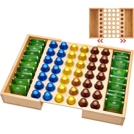 Tiroir Porte Dosettes de Café en Bambou Organisateur de Rangement pour Sachets de Thé de 30.1x32x6.15cm Capacité de 42 capsule Capsules K Cup pour Station Café Bureau à Domicile et Cuisine (1/5)