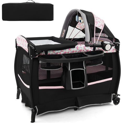 Pack de 1 centre de nurserie pliable 102 x 73 x 80 cm avec berceau table à langer et jouets suspendus en métal noir