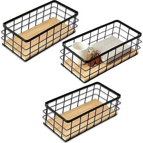 Lot de 3 paniers métalliques Panier en métal : fer Artisanat Panier de rangement noir, métal Socle en bois amovible, Paniers décoratifs ménagers, 25 x 10 x 7CM (1/5)