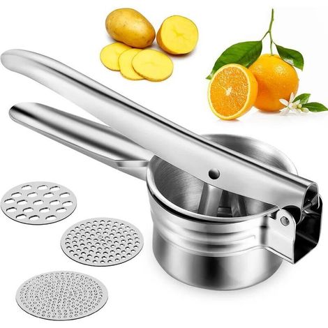 Manual Potato Masher, Potato Press, Manual Fruit Masher, Stainless Steel Potato Masher, Stainless Steel Potato Mashr, 3 Interchangeable Discs (1/5)