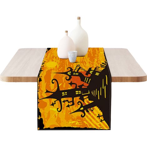 1 Chemin de table,Halloween,Motif citrouille fantôme,Lin,Décoration cuisine salle à manger,Fête intérieur extérieur (1/5)
