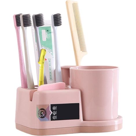Porte-brosse À Dents - Avec Gobelet Intégré - Évacuation D’eau Par Orifice Inférieur - Pour Brosse Manuelle Ou Électrique - Rose - 1 Pièce