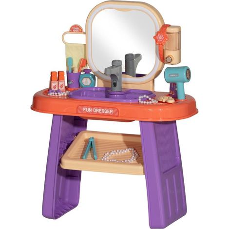 Coiffeuse pour enfant avec miroir LED, musique, robinet, miroir acrylique, violet, 55 x 29 x 71 cm