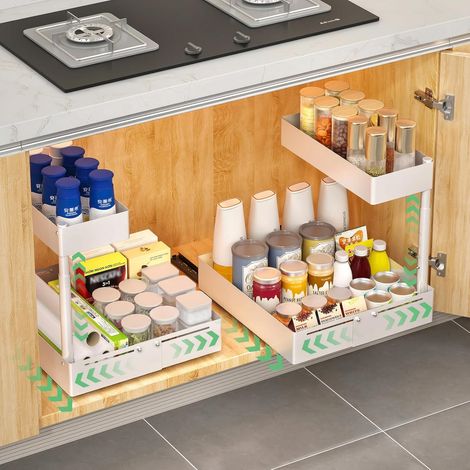 1 Organisateur de rangement sous évier, Acier carbone, Réglable en hauteur et largeur, Système extractible, Pour cuisine et salle de bain (1/5)