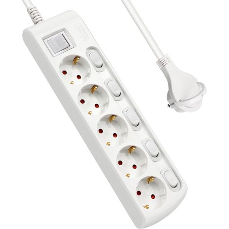 Multiprise avec 5 prises + 5 interrupteurs individuels, 1 interrupteur principal, câble 1,5 m, fiche plate pour la maison, le bureau et les voyages, 16 A, 250 V, 3680 W, blanc (1/5)