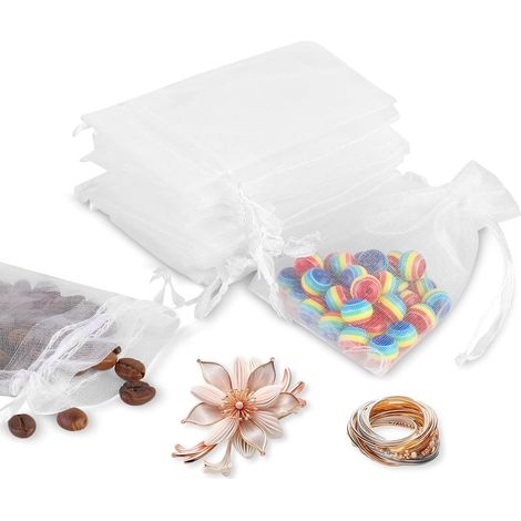 Set of 50 organza bags - 7 x 9 cm - Small organza bags with drawstring - Fillable - Gift bags for weddings, birthdays, parties, jewelry (white) (1/5)