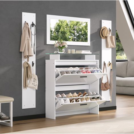 Conjunto de recibidor 89.5x23x96.5 cm blanco en tablero de partículas con espejo, 8 ganchos y zapatero abatible (1/5)