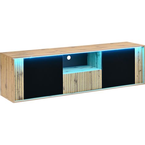 Mueble TV bajo con LED 180 x 40 x 51 cm negro y efecto madera natural para TV de 75 pulgadas (1/5)