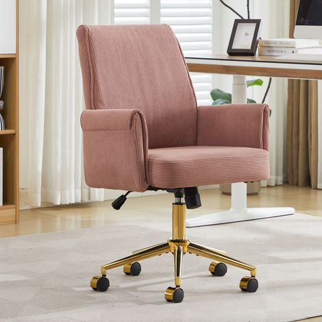 Bürodrehstuhl rosa aus Cord mit goldfarbenem Metallgestell und ergonomischer Rückenlehne (1/5)