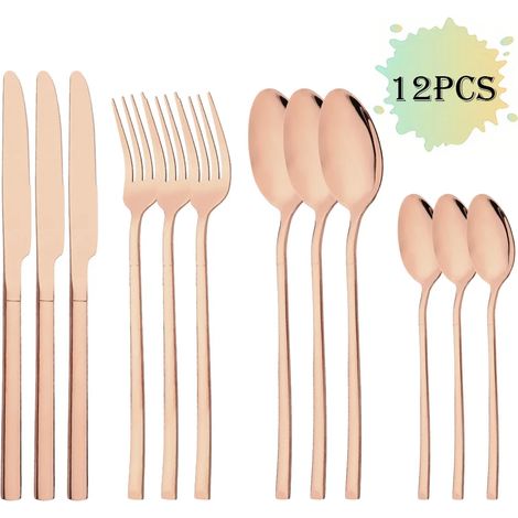 (Ensemble de couverts 12 pièces en acier inoxydable couleur or rose, comprenant un couteau, une fourchette et une cuillère à café)