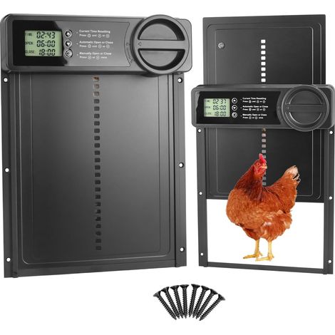 Porte automatique de poulailler avec minuterie nuit/matin programmable via application, porte automatique de poulailler en alliage d'aluminium Écran LCD étanche Porte de poulailler alimentée (1/4)