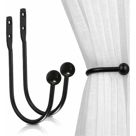 Metal U Curtain Tiebacks, 2 Pieces Curtain Tiebacks Hooks, Curtain Holdback Hook for Wall Curtains, Curtains, Shower Curtains (Black) (1/5)