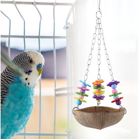 Jouet à mâcher suspendu en forme de coquille de noix de coco pour perroquet, cage en fil de fer (1/5)