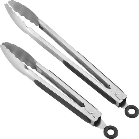 Lot de 2 pinces à barbecue, acier inoxydable, poignée silicone noir, bord festonné, cuisson extérieur (1/5)