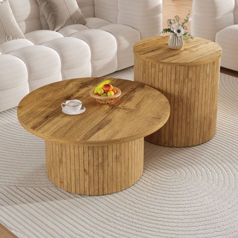 Tables Basses Gigognes Rondes avec Lattes Effet Bois, Style Scandinave, en MDF, Naturel, 75×75×36+50×50×50,5 cm