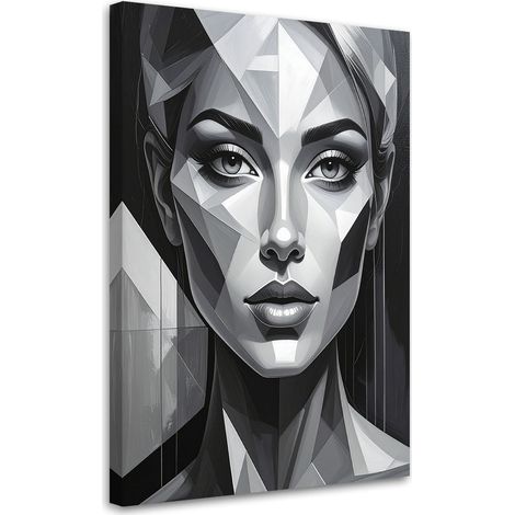 Wandbild für Wohnzimmer Frau Gesicht Geometrisches Porträt schwarz weiß 40x60 cm