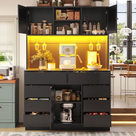 Armoire moderne haute, meuble de rangement avec éclairage LED intégré, placard vertical pour séjour, 8 tiroirs, système de fermeture magnétique, tablettes ajustables, 120×40×183,5 cm, couleur noir (1/5)
