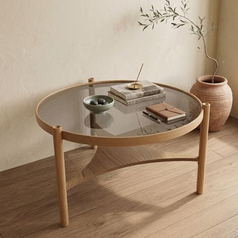 Mesa de Centro Canterano, un compartimento, cristal templado, forma redonda, 100x100x46h cm, roble marrón (1/5)