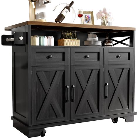 Desserte cuisine moderne noir 118x43-80x98cm bois roues rangement multifonction porte-serviettes (1/5)