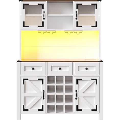 Haut buffet de cuisine blanc avec LED, 4 portes, 3 tiroirs, prises USB et prises secteur, 120×40×170 cm