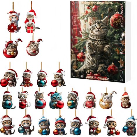 Adventskalender mit 24 Fächern für den Countdown bis Weihnachten (Überraschungsbox) Niedliche Acryl-Ornamente in Form von Cartoon-Katzen – Überraschungsgeschenkbox für den Weihnachtsbaum (1/5)