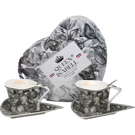 Tazas triangulares de porcelana con cucharas y platillos, colección Rosa Gris (1/5)