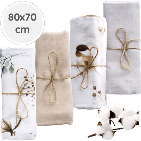 BabyU, Couches en mousseline hypoallergéniques, grandes et douces, lot de 4, 80 x 70 cm