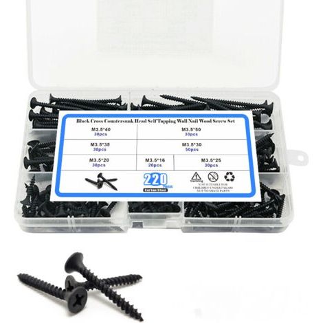 220pcs set noir plus croix dure tête fraisée plate vis auto - taraudeuse, vis en bois de plâtre, clous à paroi sèche (1/5)