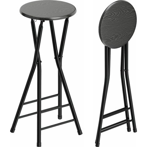 Set of 2 tabourets of bar bend with double rests-feet, in wood and steel, 34 x 30 x 70 cm, black (1/5)