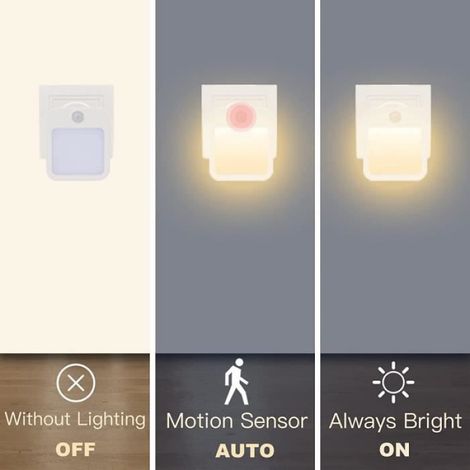 Veilleuse LED - Prise Electrique avec Detecteur de Mouvement - 3 Modes d'éclairage - Pour Chambre Salle de Bain Cuisine Couloir Escalier - Pack de 2 (1/4)