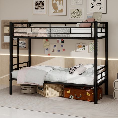 Lit superposé 90x190 cm, convertible en 2 lits simples, avec échelle et barrières, en métal, noir, sans matelas (1/5)