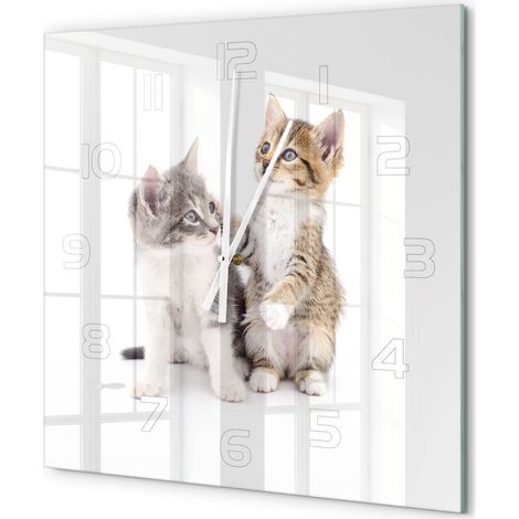Grande Horloge Murale Carrée à Quartz en Verre Trempé Silencieuse Sans Tic-Tac Deux petits chats 60x60 cm (1/5)