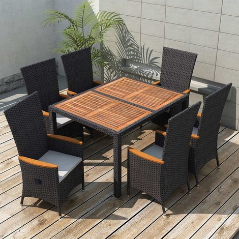 Ensemble Table et Chaise de Jardin - Mobilier à dîner d'extérieur 7pcs Résine tressée et acacia Noir BV184708 - BonneVie (1/5)