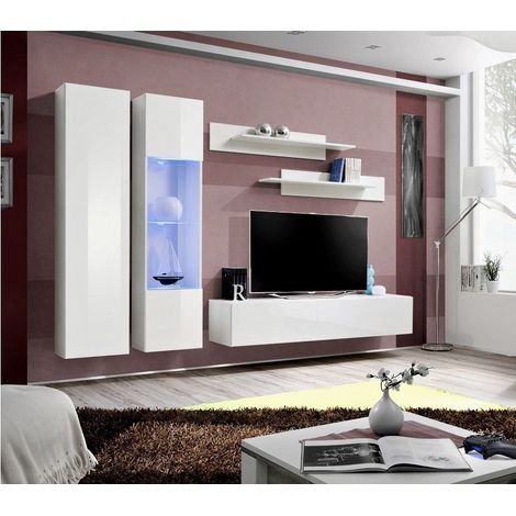 Ensemble meuble TV mural  - Fly V - 260 cm x 190 cm x 40 cm - Blanc - Livraison gratuite