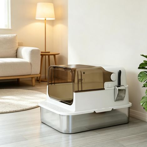 Maison de toilette XL pour chat en acier inoxydable, fermée, 70 x 50 x 46,5 cm, blanche, OKWISH (1/5)