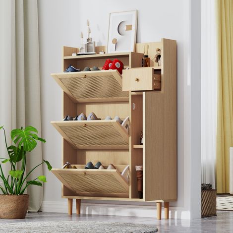 Modernluxe – Meuble à chaussures en bois massif et rotin – 3 portes abattantes – 1 tiroir – étagère réglable – 90x17x125 cm – Naturel
