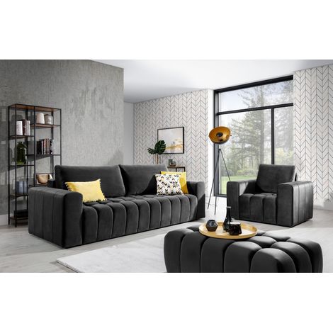 Ensemble 1 canapé convertible + 1 fauteuil + 1 pouf capitonné LARKO velours-Gris anthracite (1/5)