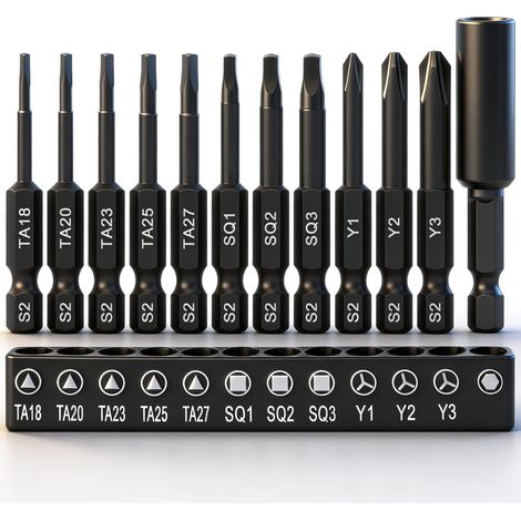 Lot de 12 tournevis triangulaires magnétiques de 50 mm de long, embouts carrés, embouts Tri-Wing, tournevis S2 avec support d'embouts de 60 mm (1/5)