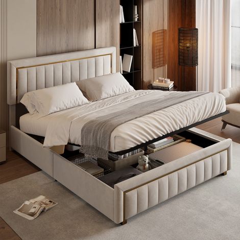 Letto contenitore 180x200 cm - Letto matrimoniale 180x200 cm con rete - Testiera con motivo verticale e linee dorate - in velluto beige (1/5)