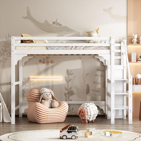 Lit mezzanine 140x200 cm blanc en bois de pin, lit enfant avec sommier à lattes, escalier avec rangements, armoire intégrée et espace de stockage (1/5)