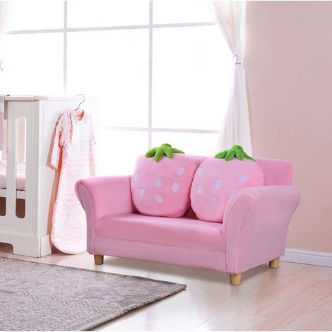 Canapé enfant 2 places rose en bois avec coussins HAVRYA (1/3)