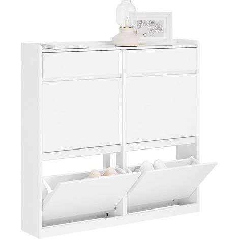 [JAMAIS UTILISE] Sobuy – Armoire à chaussures compacte 98 x 95 x 19 cm – 4 compartiments inclinés – 2 tiroirs – Construction en MDF – Capacité de charge 39 kg