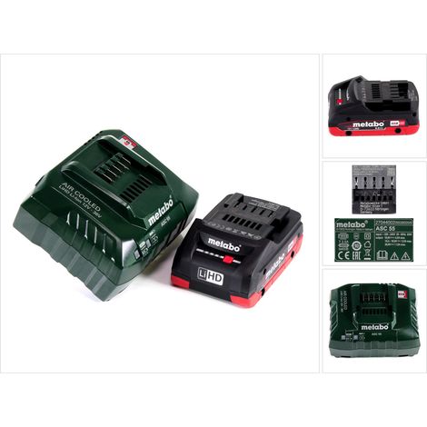 Metabo set básico de batería 18V con 1x batería LiHD 4,0Ah ( 625367000 ) + cargador ASC 55 ( 627044000 ) modelo de seguimiento de ASC 30-36