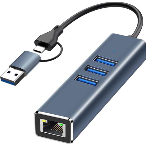 Adaptateur USB Ethernet avec 3 Ports USB 3.0, 1000Mbps RJ45 Hub USB-C vers LAN, Adaptateur RJ45 Réseau et usb3.0 pour Windows 11 10 8, Mac OS Linux (1/5)