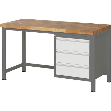 STIER Höhenverstellbare Werkbank Premium, 3 Schubladen, 150x70x84-104cm, Stahl und Buche