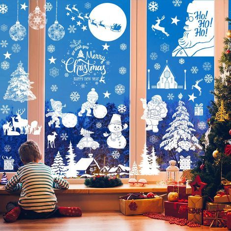 Adesivo statico natalizio per finestre, adesivo per vetro, fiocco di neve bianco, renna, adesivo per albero di Natale con Babbo Natale (1/4)